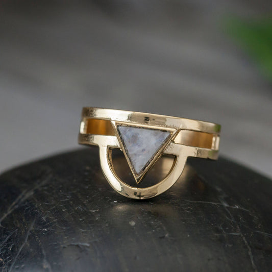 Brass Moonstone Trikona Ring witch aesthetic goth jewelry gemstone 